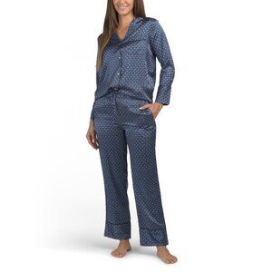 PETITE PLUME Navy Silk Midnight Foulard Pajama Top And Pants Set